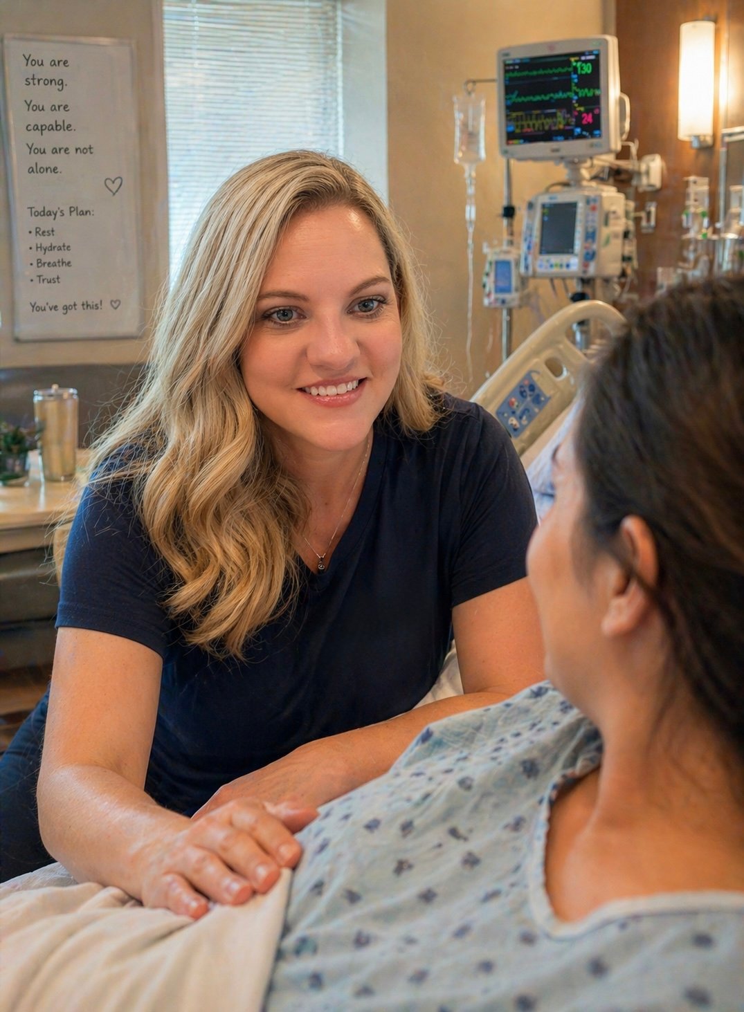 A smiling blonde woman in a navy shirt sits at a hospital bed, holding the patient’s hand. Monitors and medical equipment are in the background.
