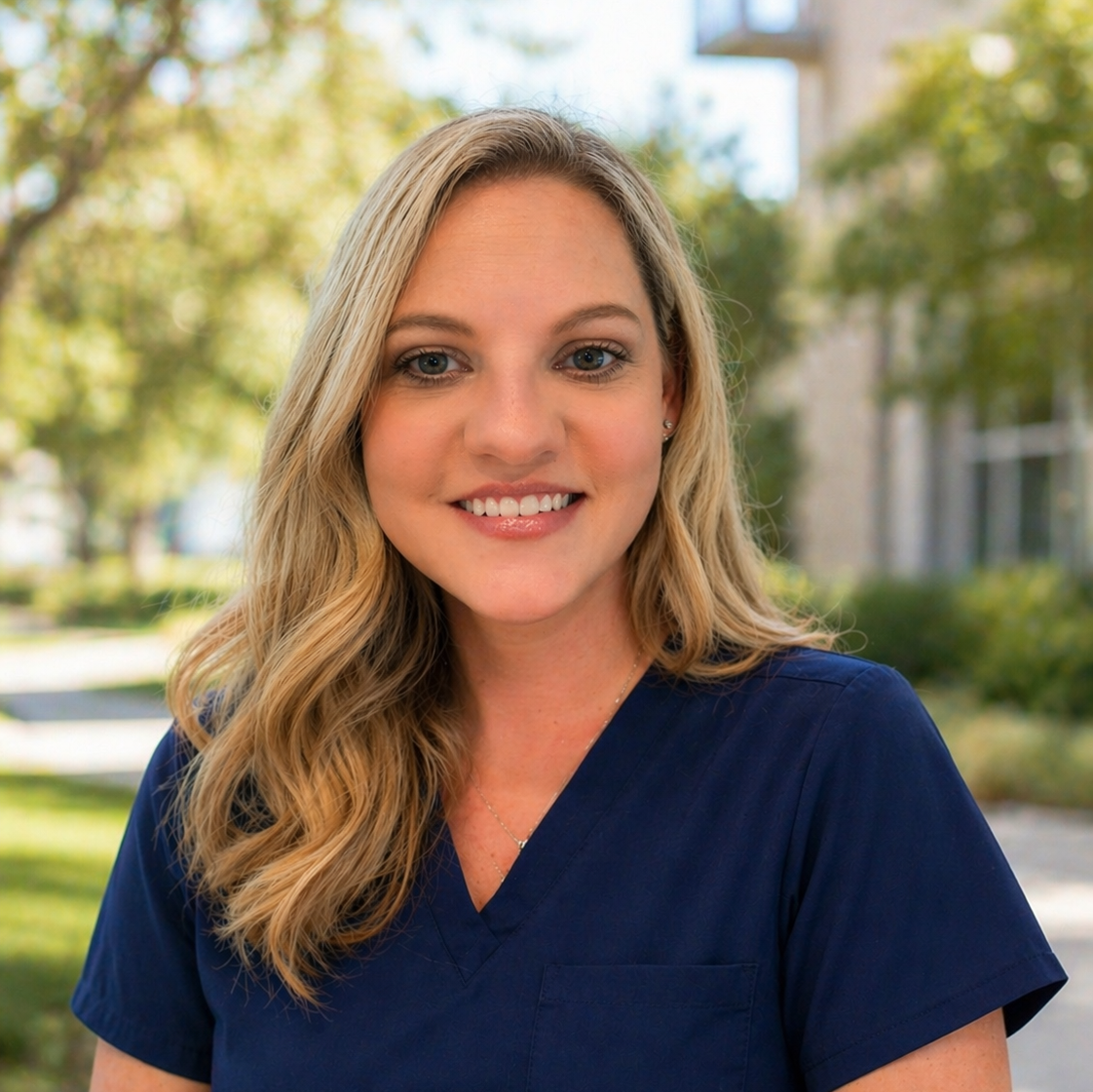 Portrait of a smiling woman with blonde hair in navy scrubs, outdoors with trees in the background.