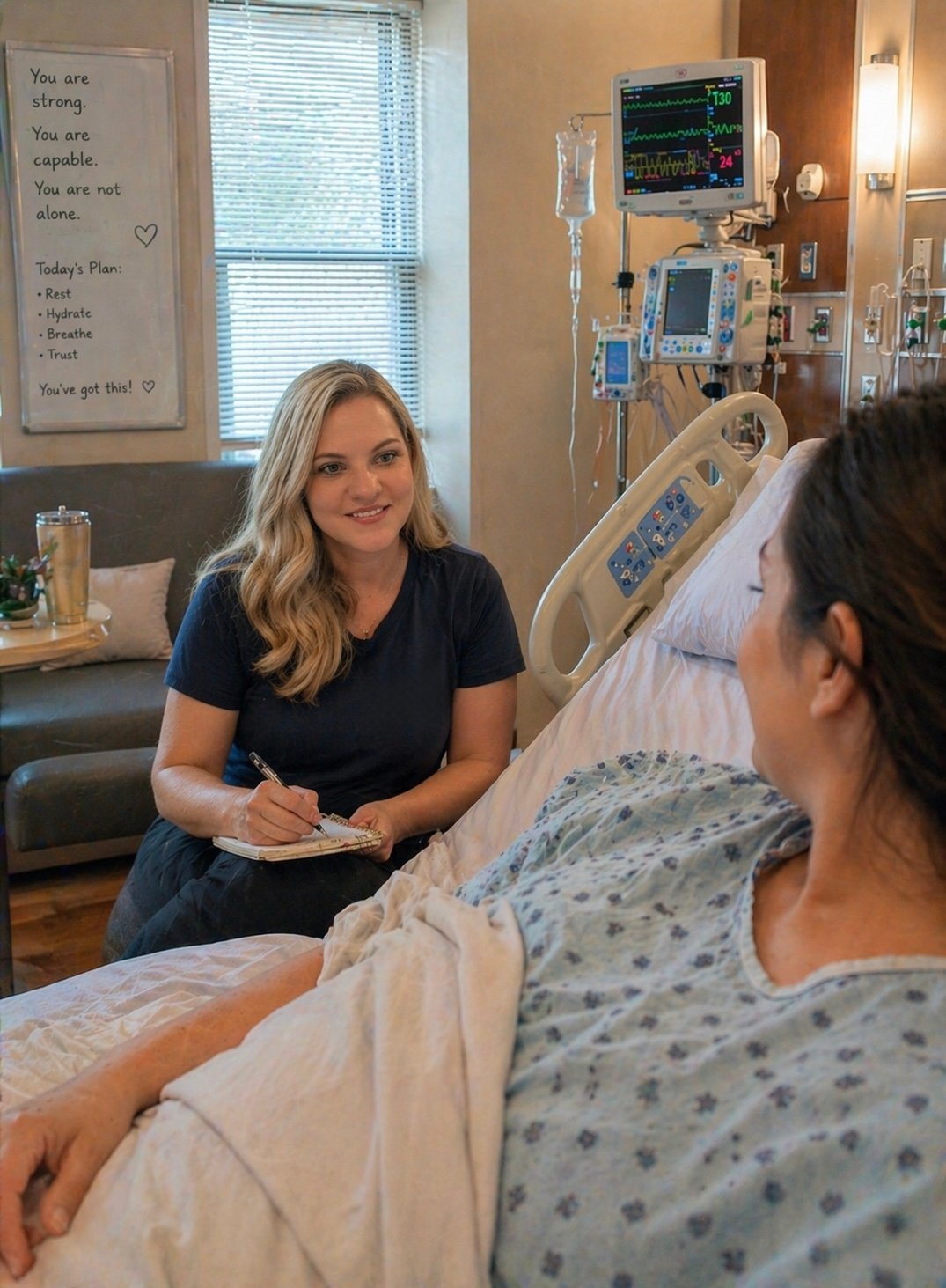 A caregiver seated at a patient’s bedside, writing in a clipboard as they talk in a hospital room with monitors nearby.